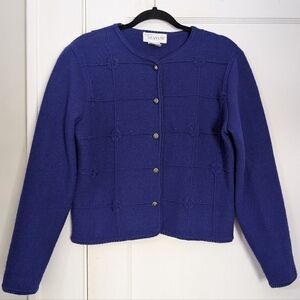 Vintage Deans 100% Wool Cardigan Sweater Royal Blue Floral Grid Knit M